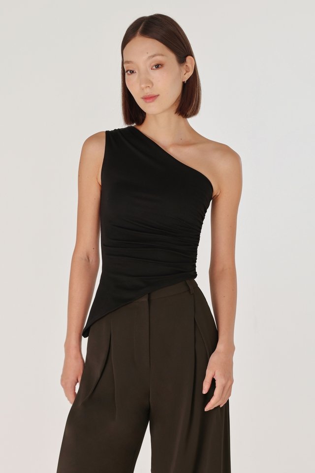 LENA PADDED RUCHED ASYMMETRICAL TOGA TOP (BLACK)