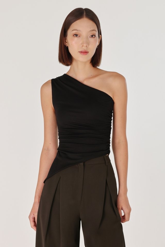 LENA PADDED RUCHED ASYMMETRICAL TOGA TOP (BLACK)