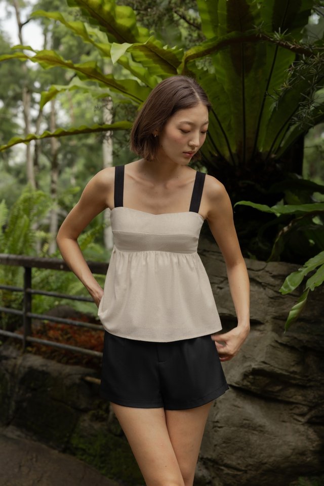 ORLENA PADDED LINEN CONTRAST STRAP RIBBON TIE-BACK TOP (NATURAL)