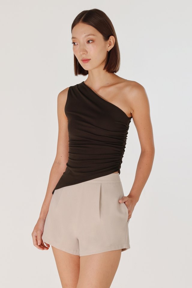LENA PADDED RUCHED ASYMMETRICAL TOGA TOP (ESPRESSO)