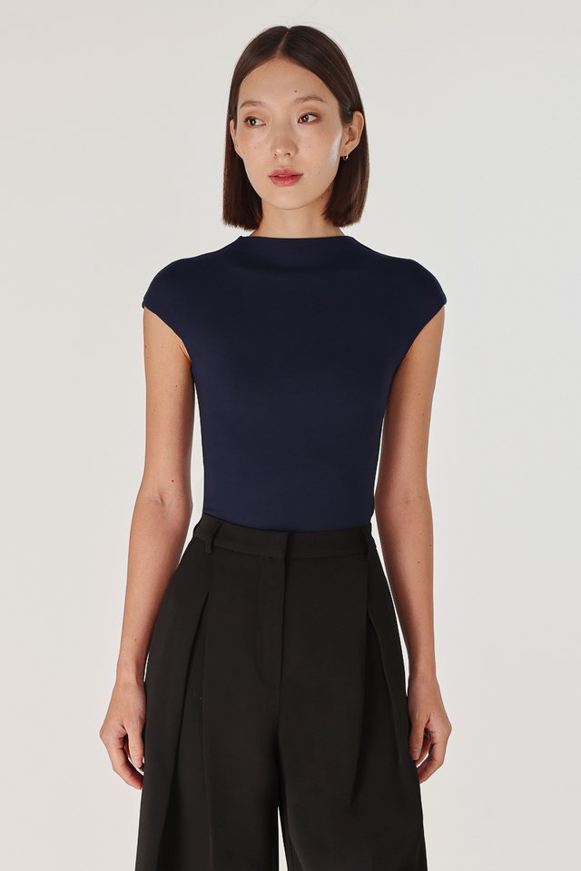 BERNADETTE MOCK NECK CAPPED SLEEVE TOP (MIDNIGHT BLUE)