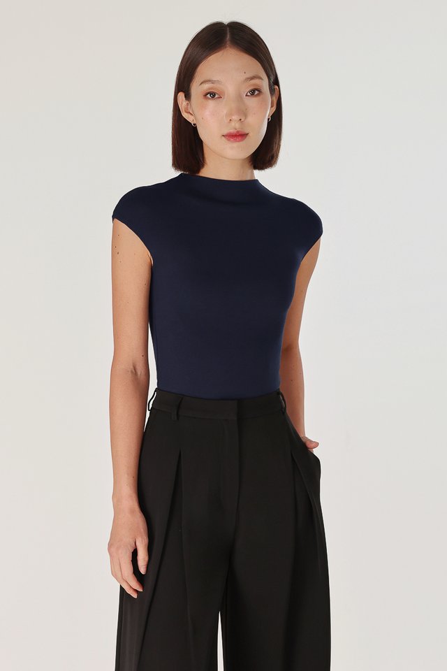 BERNADETTE MOCK NECK CAPPED SLEEVE TOP (MIDNIGHT BLUE)
