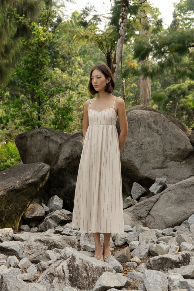 VELLA PADDED LINEN STRIPED V-NECK MIDAXI DRESS