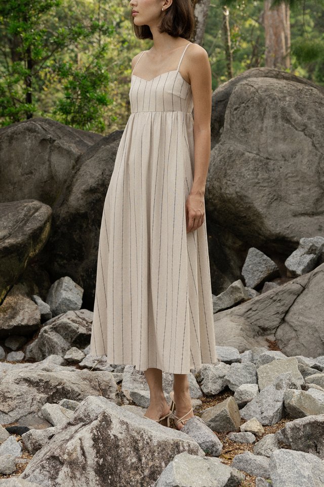 VELLA PADDED LINEN STRIPED V-NECK MIDAXI DRESS