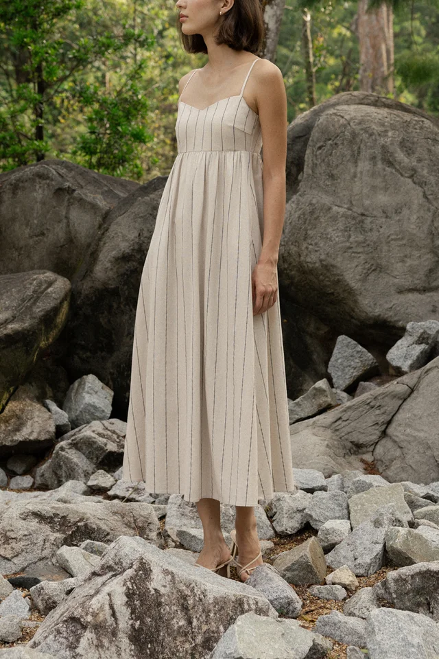 VELLA PADDED LINEN STRIPED V-NECK MIDAXI DRESS