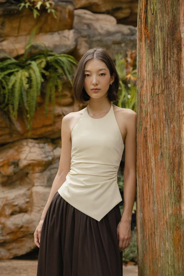 BRYNNE PADDED HALTER TIE RUCHED ASYMMETRICAL HEM TOP (YELLOW)
