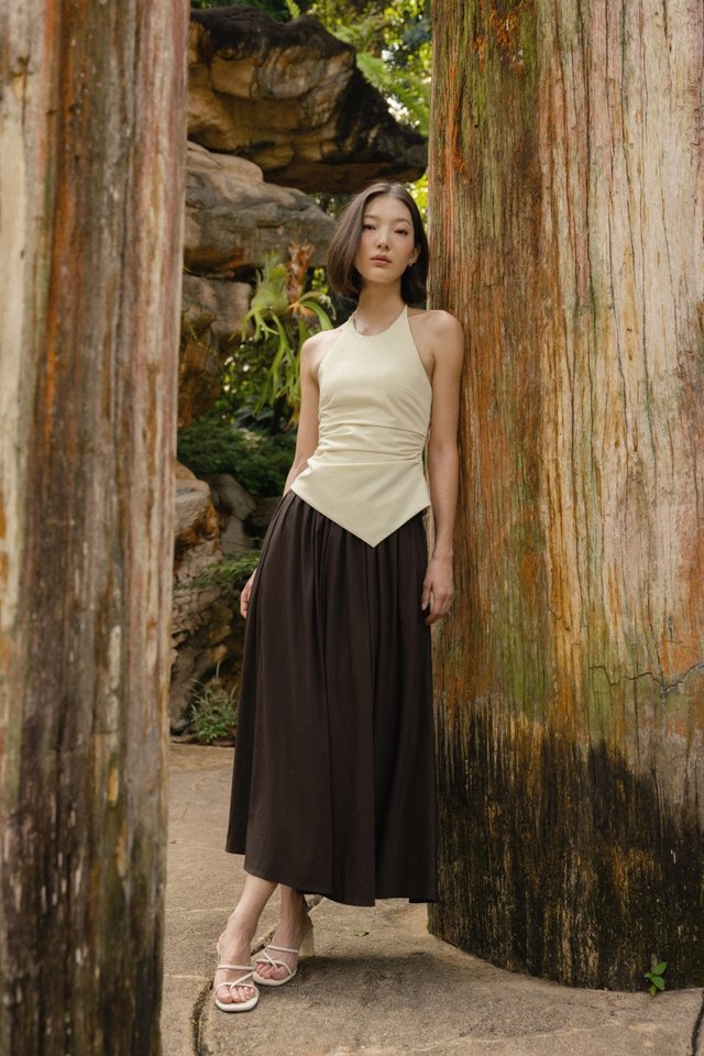 LAVERN THICK WAISTBAND FLARE MAXI SKIRT - PETITE (BROWN)