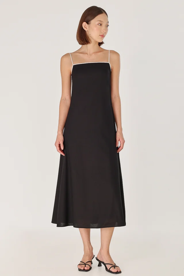 LELA PADDED LINEN CONTRAST TRIM TENT MIDAXI DRESS (BLACK)