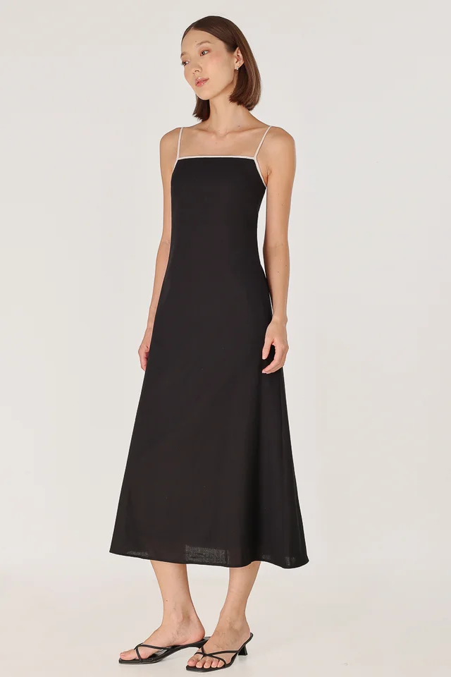 LELA PADDED LINEN CONTRAST TRIM TENT MIDAXI DRESS (BLACK)