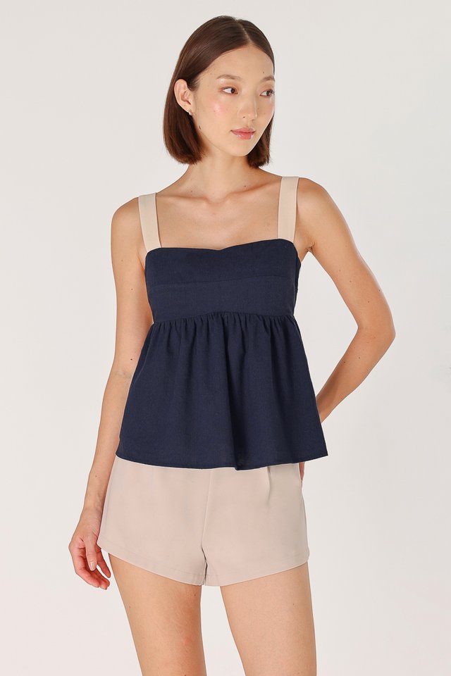 ORLENA PADDED LINEN CONTRAST STRAP RIBBON TIE-BACK TOP (NAVY)