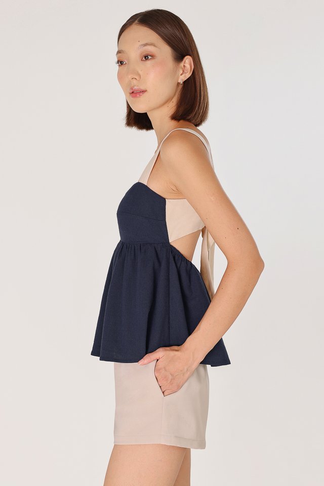 ORLENA PADDED LINEN CONTRAST STRAP RIBBON TIE-BACK TOP (NAVY)