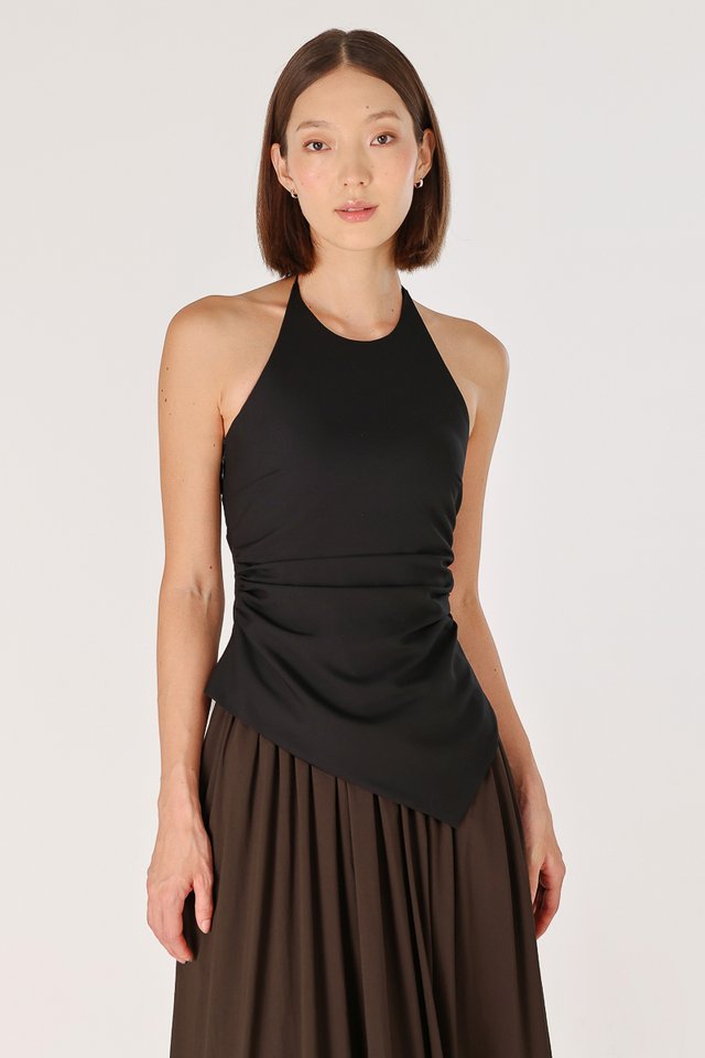 BRYNNE PADDED HALTER TIE RUCHED ASYMMETRICAL HEM TOP (BLACK)