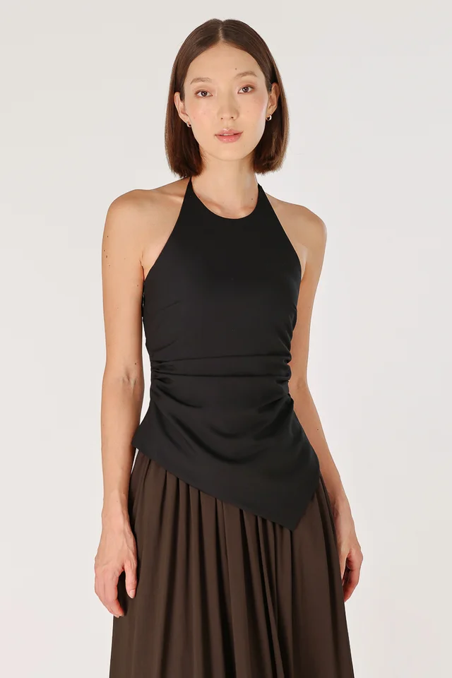 BRYNNE PADDED HALTER TIE RUCHED ASYMMETRICAL HEM TOP (BLACK)