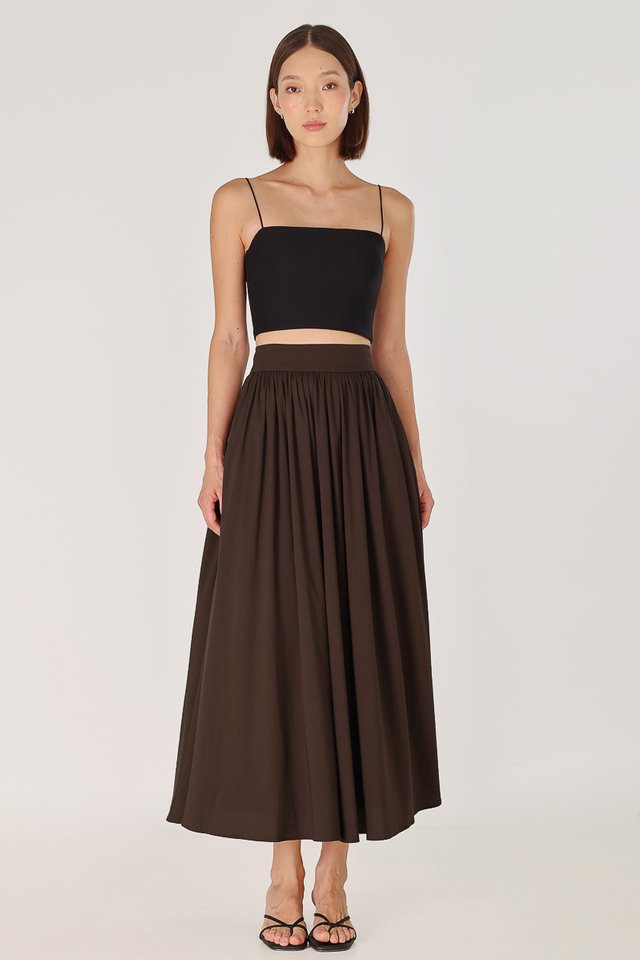 LAVERN THICK WAISTBAND FLARE MAXI SKIRT - REGULAR (BROWN)