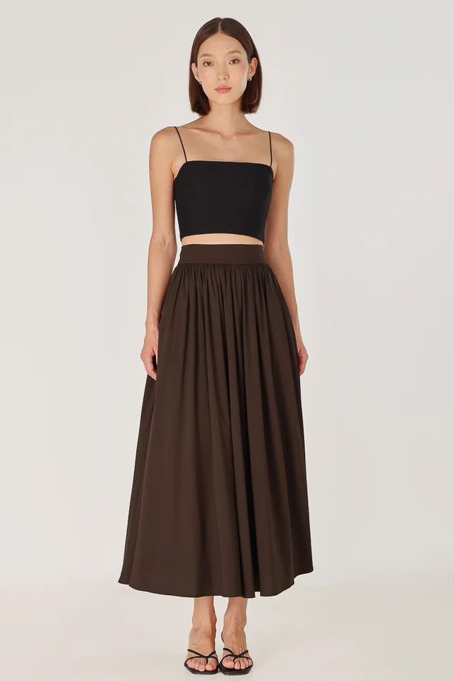 LAVERN THICK WAISTBAND FLARE MAXI SKIRT - REGULAR (BROWN)