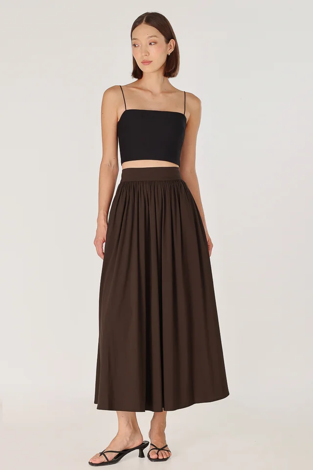 LAVERN THICK WAISTBAND FLARE MAXI SKIRT - REGULAR (BROWN)