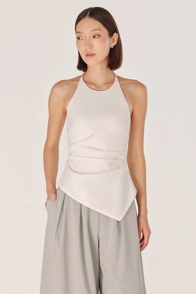 BRYNNE PADDED HALTER TIE RUCHED ASYMMETRICAL HEM TOP (WHITE)