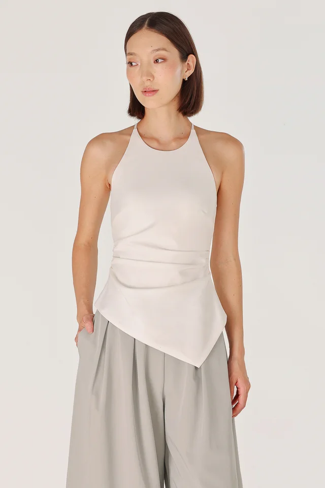 BRYNNE PADDED HALTER TIE RUCHED ASYMMETRICAL HEM TOP (WHITE)
