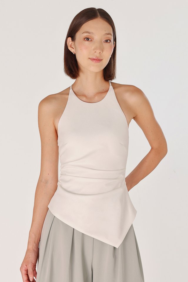 BRYNNE PADDED HALTER TIE RUCHED ASYMMETRICAL HEM TOP (WHITE)