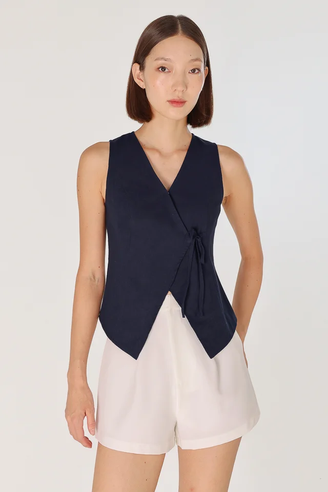 ATHEA LINEN TIE-STRING VEST TOP (NAVY)