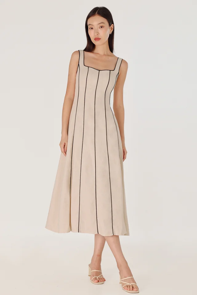 FENNA PADDED LINEN CONTRAST PIPING PANELLED MAXI DRESS (NATURAL)
