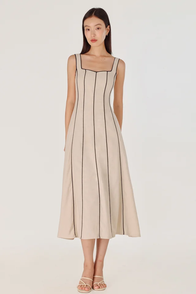 FENNA PADDED LINEN CONTRAST PIPING PANELLED MAXI DRESS (NATURAL)