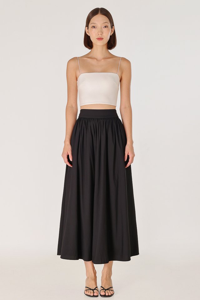 LAVERN THICK WAISTBAND FLARE MAXI SKIRT - PETITE (BLACK)