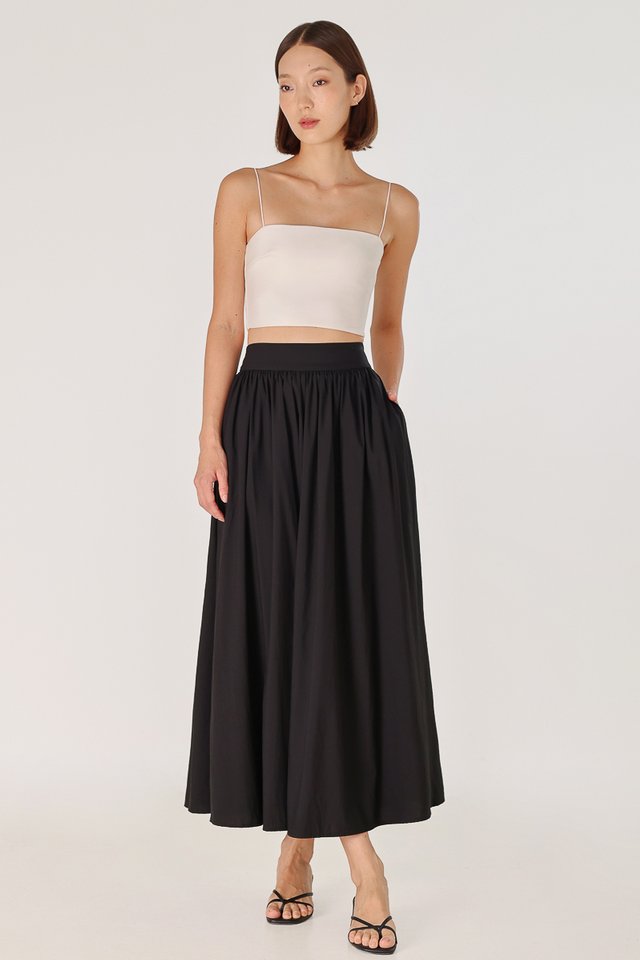 LAVERN THICK WAISTBAND FLARE MAXI SKIRT - PETITE (BLACK)