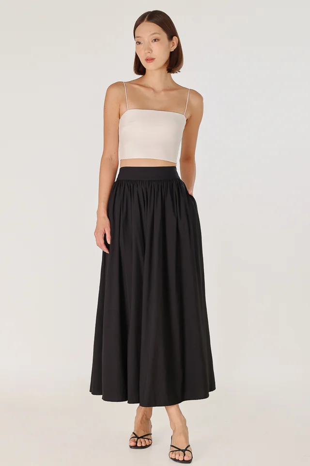 LAVERN THICK WAISTBAND FLARE MAXI SKIRT - PETITE (BLACK)