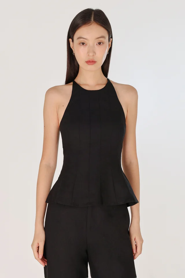 ODELLE PADDED LINEN PANELLED HALTER FLARE TOP (BLACK)