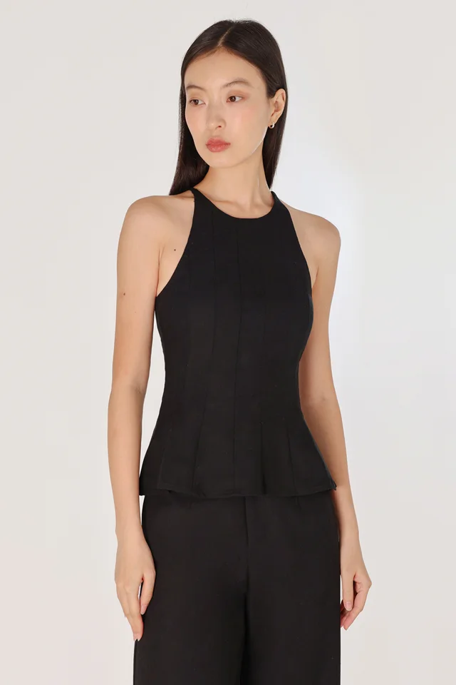 ODELLE PADDED LINEN PANELLED HALTER FLARE TOP (BLACK)