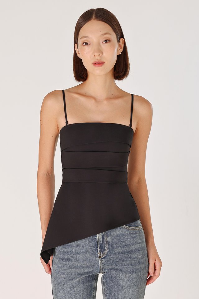 NORALYN PADDED ASYMMETRICAL PLEATED TWO-WAY TOP (BLACK)