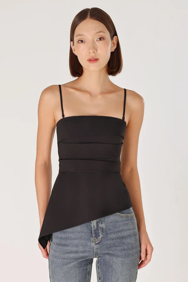 NORALYN PADDED ASYMMETRICAL PLEATED TWO-WAY TOP (BLACK)