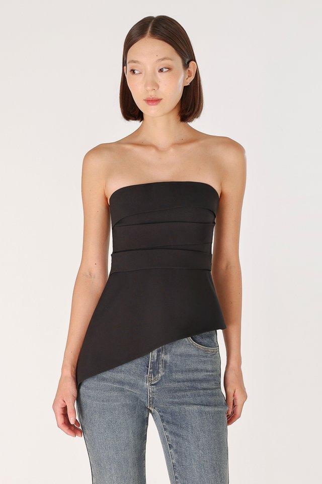 NORALYN PADDED ASYMMETRICAL PLEATED TWO-WAY TOP (BLACK)