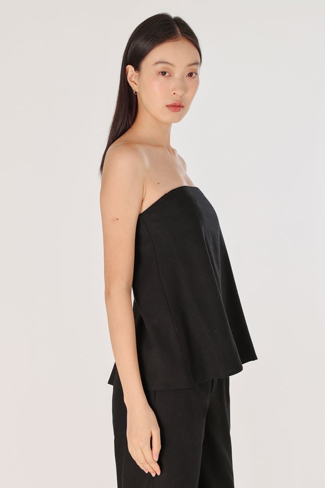 JUDITH PADDED LINEN TWO-WAY FLARE TOP (BLACK)