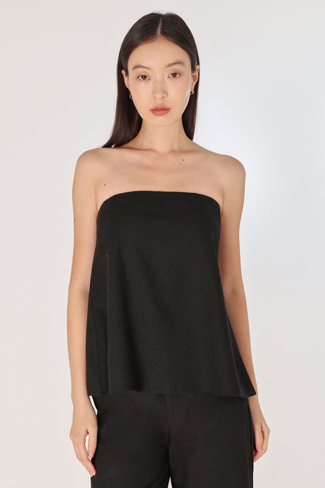 JUDITH PADDED LINEN TWO-WAY FLARE TOP (BLACK)