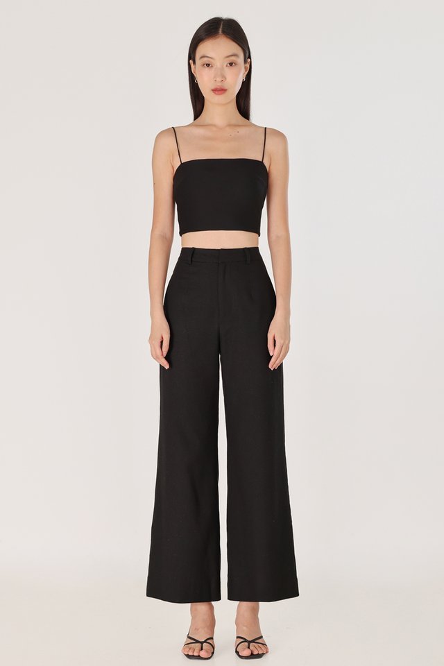 JUDITH LINEN FRONT CLASP WIDE LEG PANTS - PETITE (BLACK)