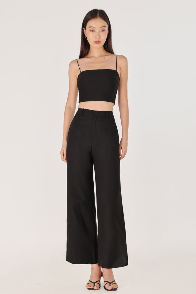 JUDITH LINEN FRONT CLASP WIDE LEG PANTS - PETITE (BLACK)
