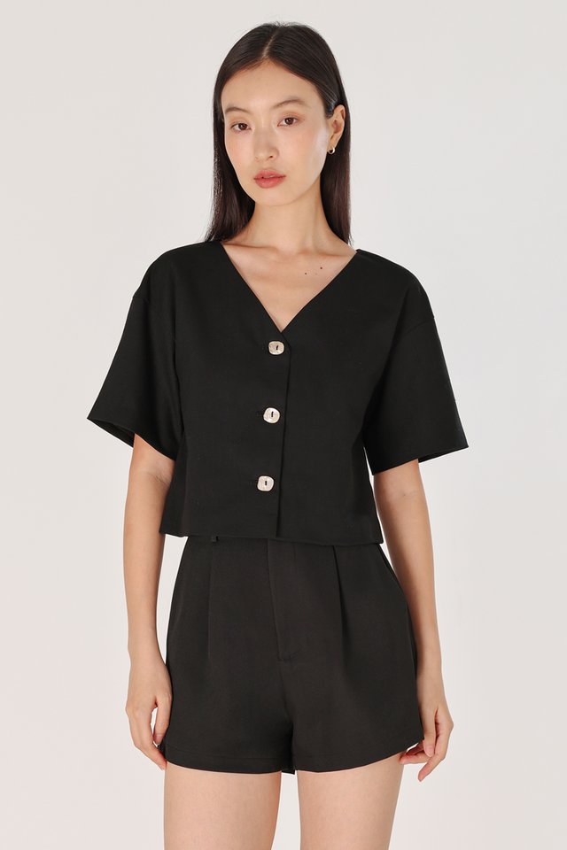 ELAYA LINEN SHELL BUTTON V-NECK BOXY TOP (BLACK)