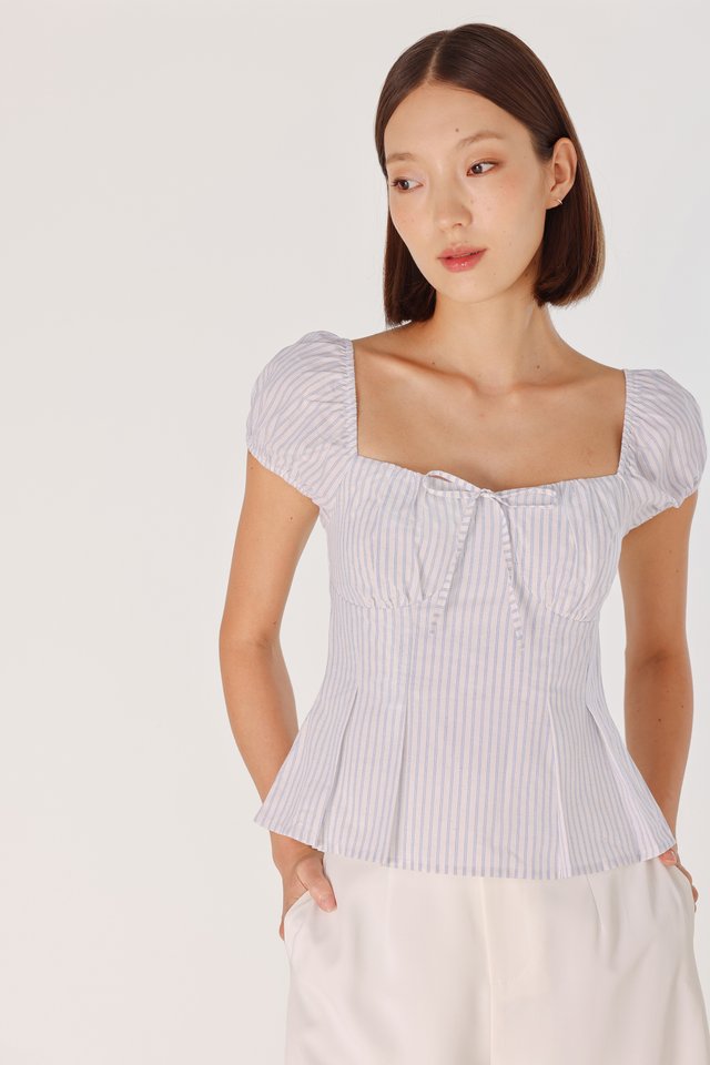 LENI PADDED PLEATED BUSTIER PUFFY SLEEVE TOP (STRIPED)