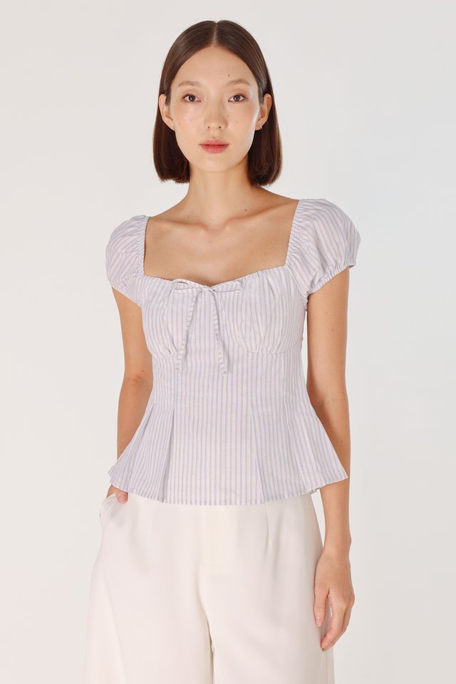 LENI PADDED PLEATED BUSTIER PUFFY SLEEVE TOP (STRIPED)