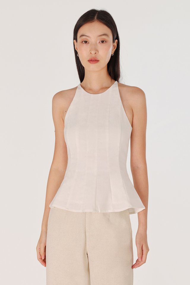ODELLE PADDED LINEN PANELLED HALTER FLARE TOP (WHITE)