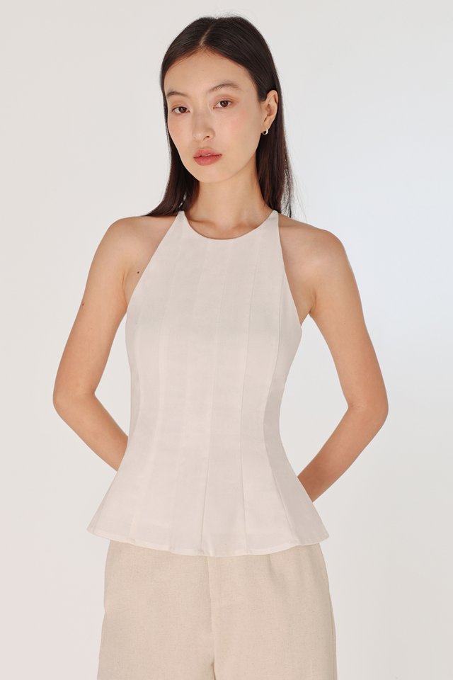 ODELLE PADDED LINEN PANELLED HALTER FLARE TOP (WHITE)