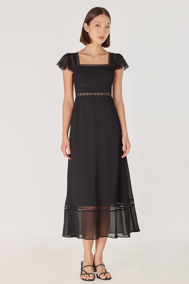 OPHELIA PADDED LACE INSERT FLUTTER SLEEVE MAXI DRESS (BLACK)