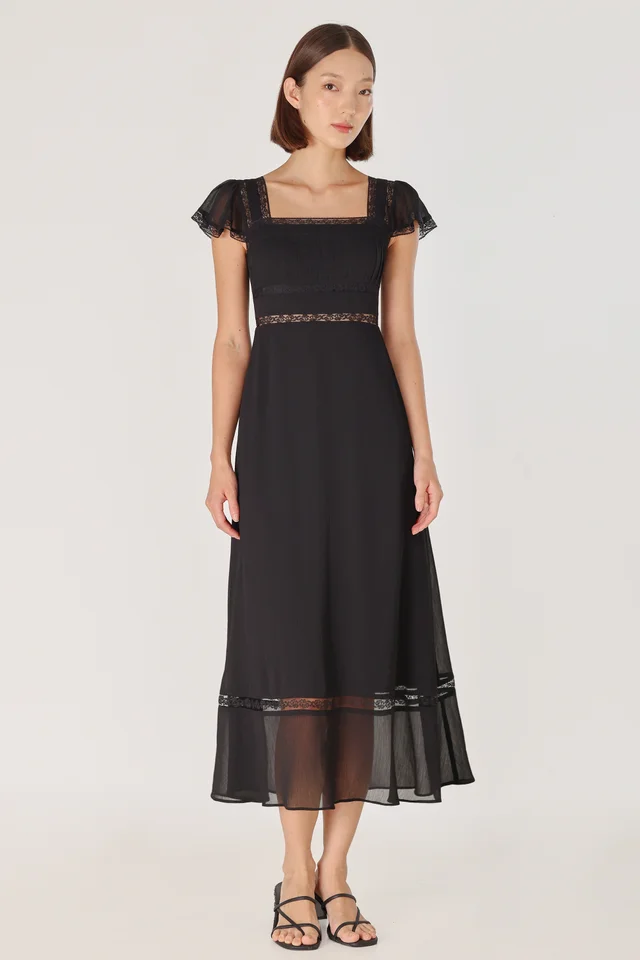 OPHELIA PADDED LACE INSERT FLUTTER SLEEVE MAXI DRESS (BLACK)