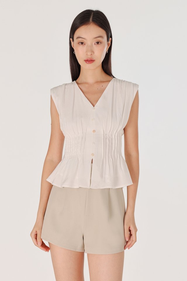 ZALIYAH PINTUCK SHELL BUTTON V-NECK TOP (WHITE)