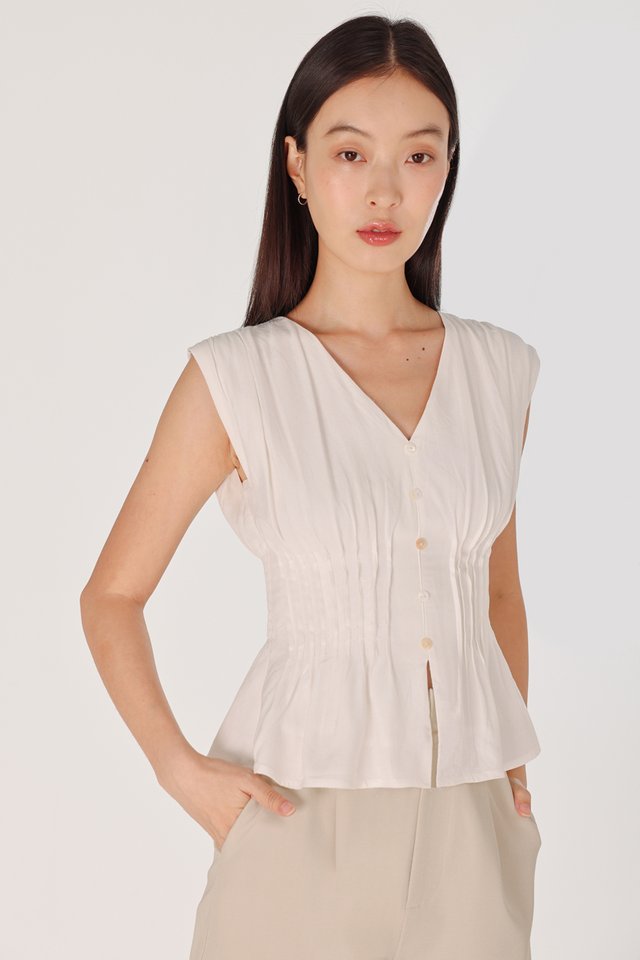 ZALIYAH PINTUCK SHELL BUTTON V-NECK TOP (WHITE)