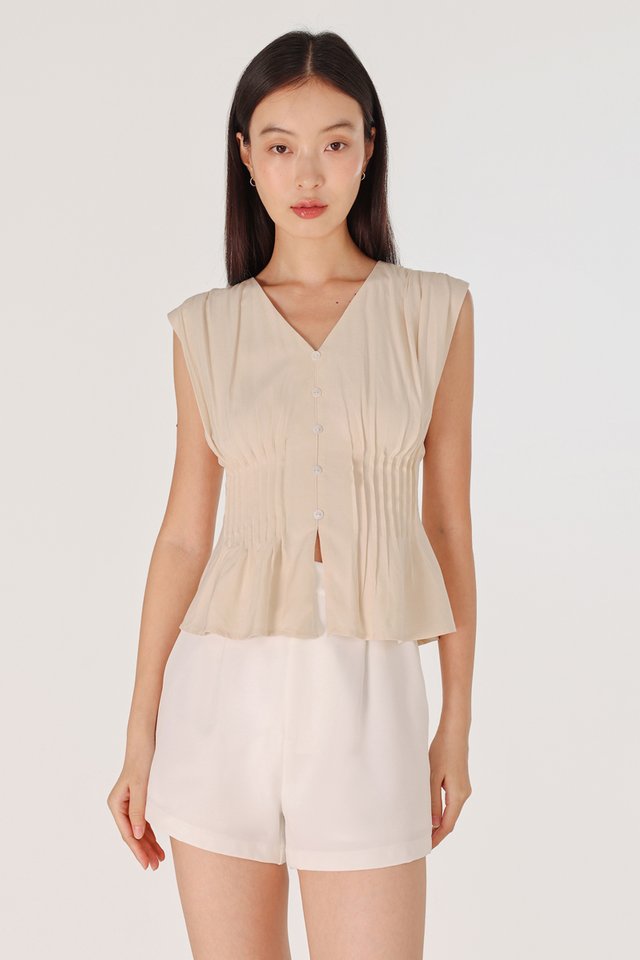 ZALIYAH PINTUCK SHELL BUTTON V-NECK TOP (OAT)