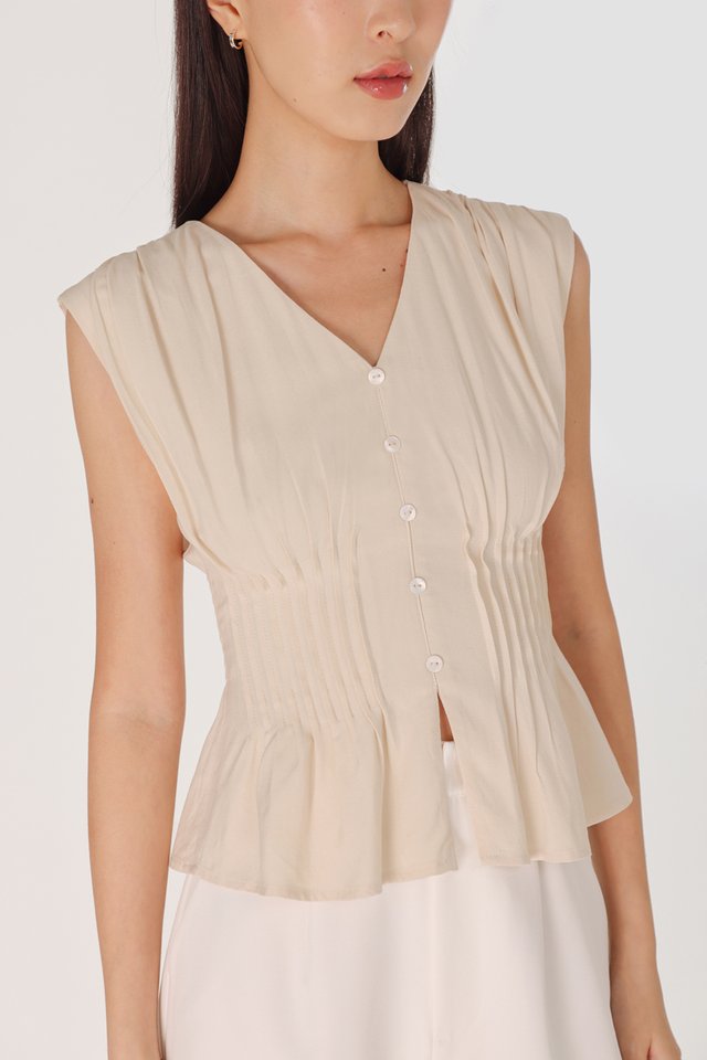 ZALIYAH PINTUCK SHELL BUTTON V-NECK TOP (OAT)
