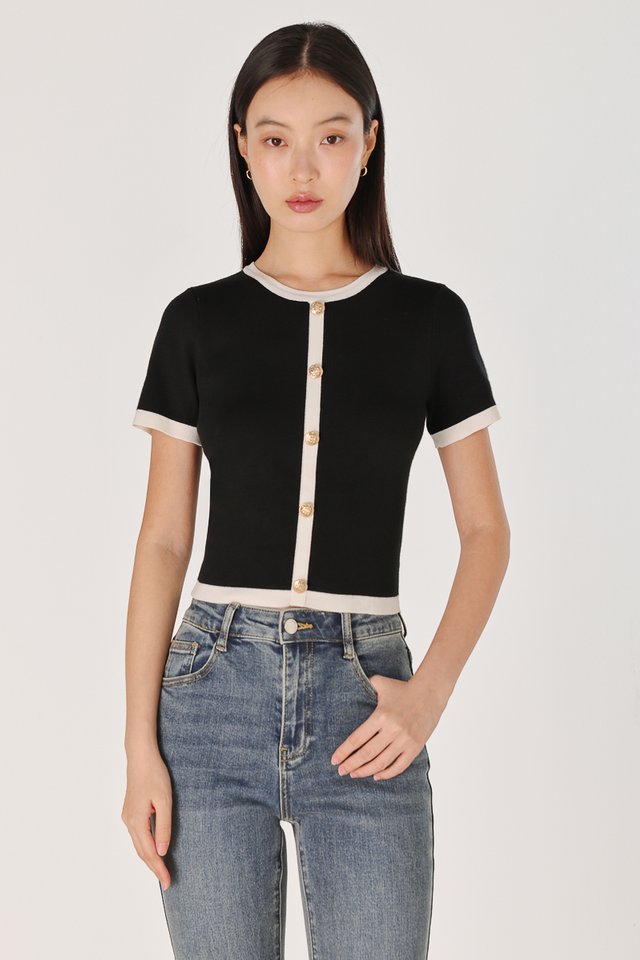 ETON CONTRAST TRIM VINTAGE BUTTON KNIT TOP (BLACK)